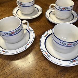 (4) Tienshan Stoneware Cup & Saucer Set FOLK DANCE Rose Heart Cobalt Blue Trim